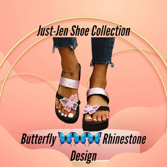 NEW!! Women's Trendy Fashion Pink Butterfly Rhinestone Wedge Sandals!! Gorgeous! - Picture 5 of 12